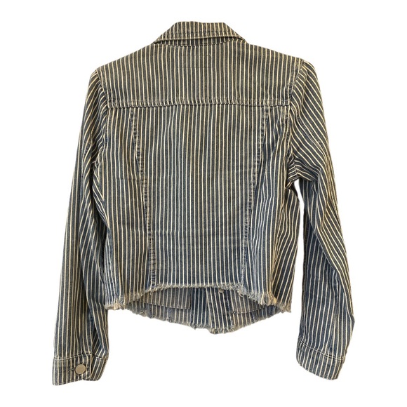 Blank NYC Evereve women’s striped jean jacket with distressed fringe bottom - Picture 2 of 6